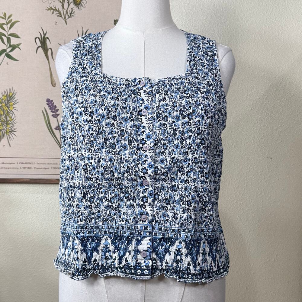 Vtg 90s Y2k Floral Smocked Tank Top Prairie Coastal Grandma Cowgirl Cottage XL